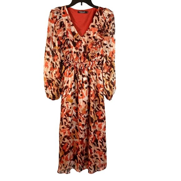 Shein Frenchy Floral Midi Dress Orange Multi Long Sleeve V Neck Womens M - Picture 2 of 10
